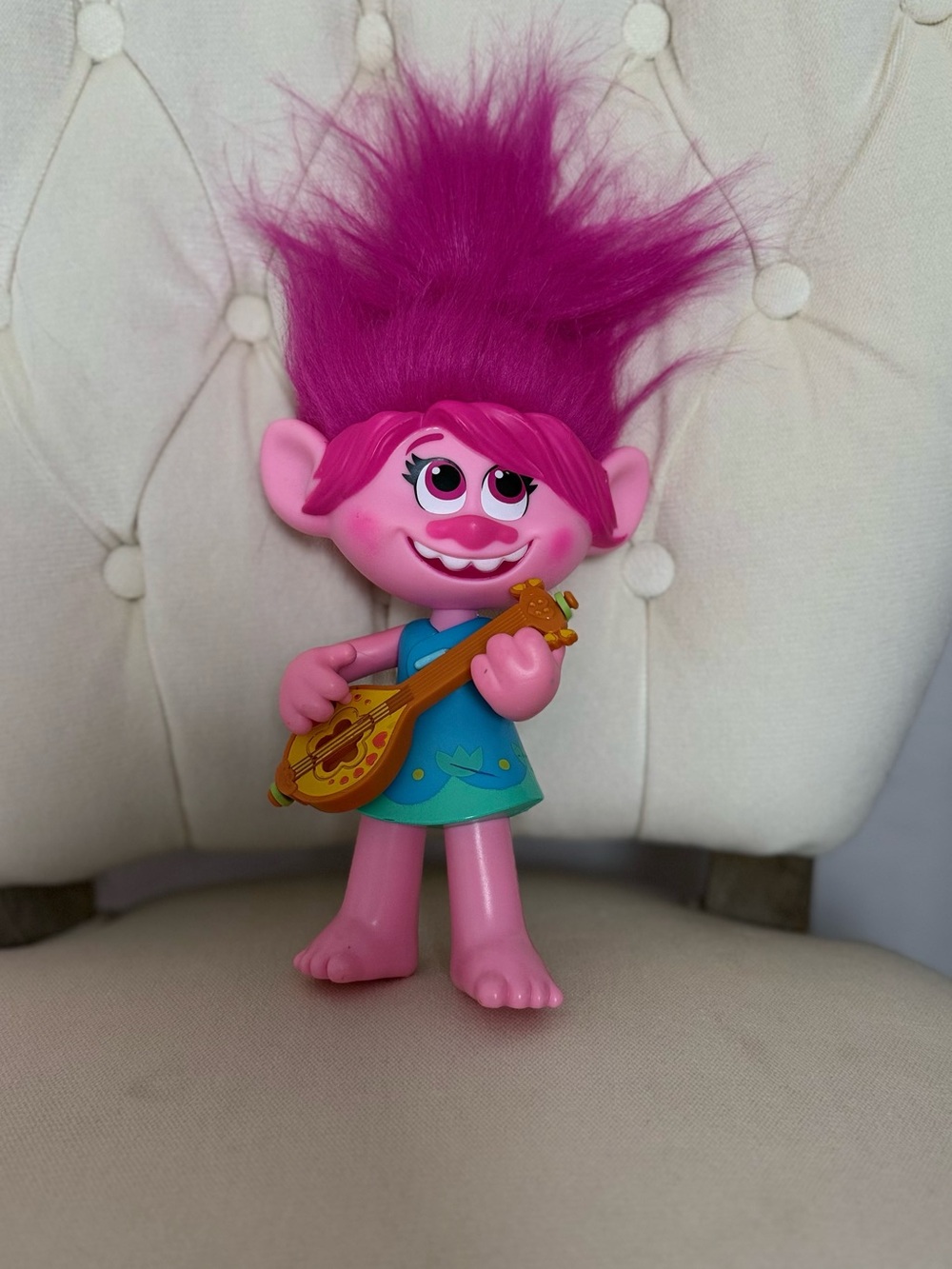 Trolls Poppy Doll with Bright Pink Hair and Blue Dress